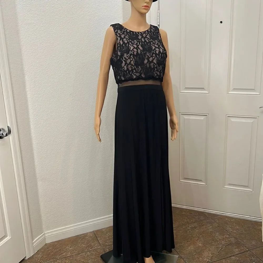 R & M Richards Black Maxi Dress Size 14 Sparkle Lace Scoop Neck Sheer Waist